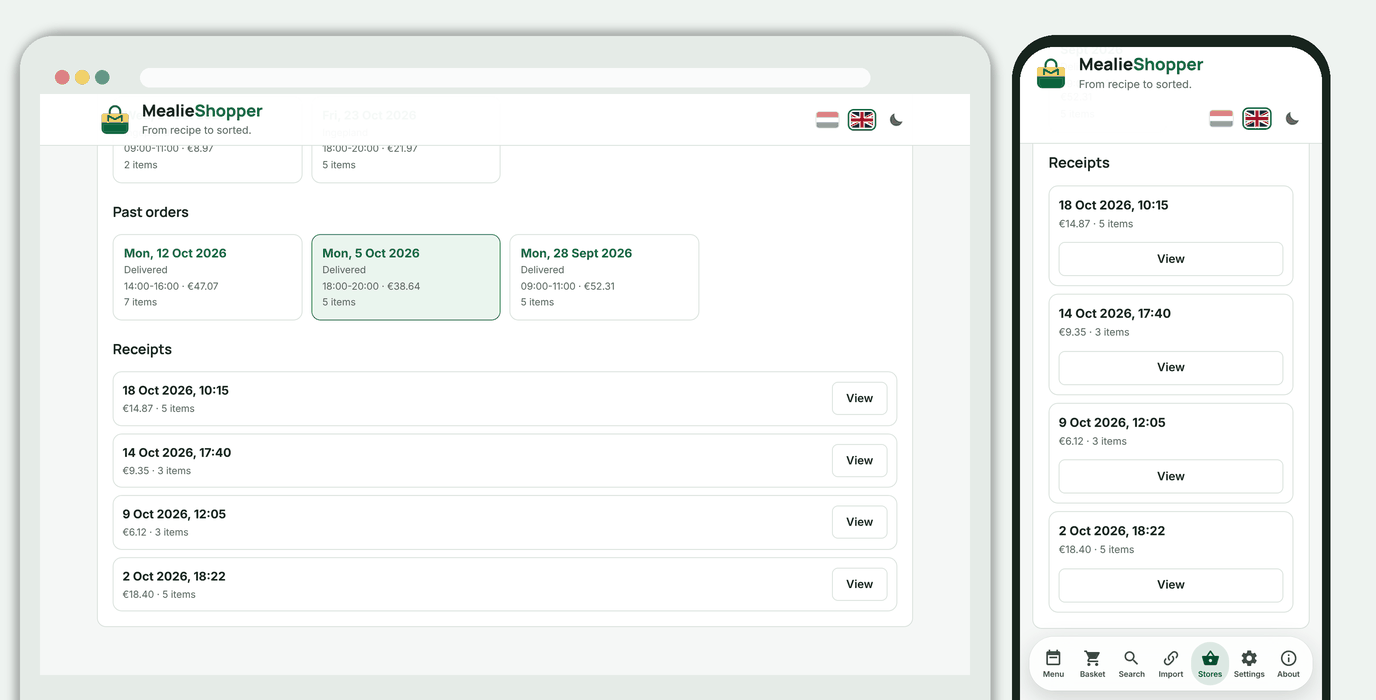 The list of receipts and a search field for your purchases