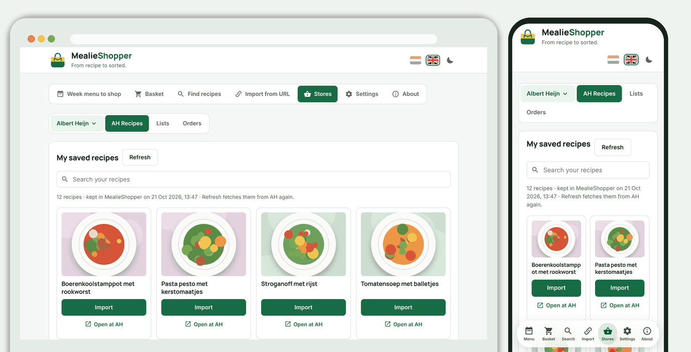 My saved recipes with a search bar and cards with an import button