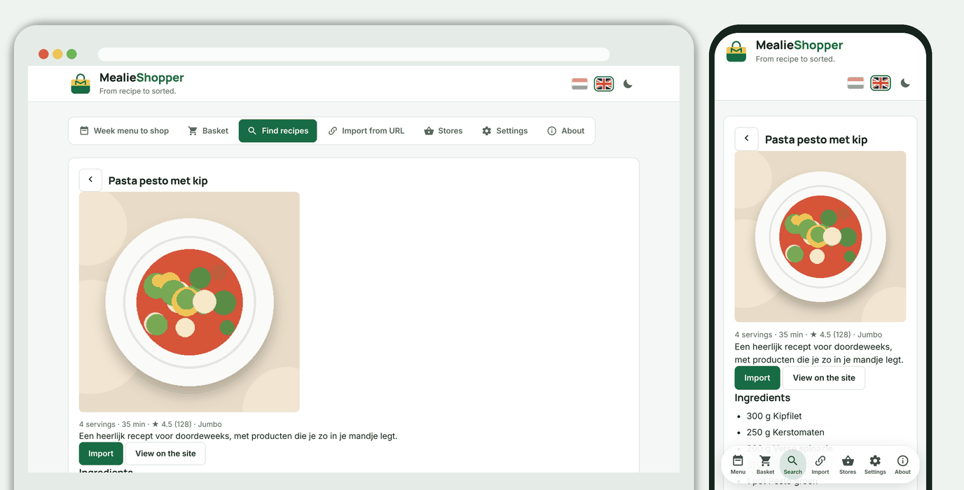 A Jumbo recipe with ingredients, method and the Import and View on the site buttons