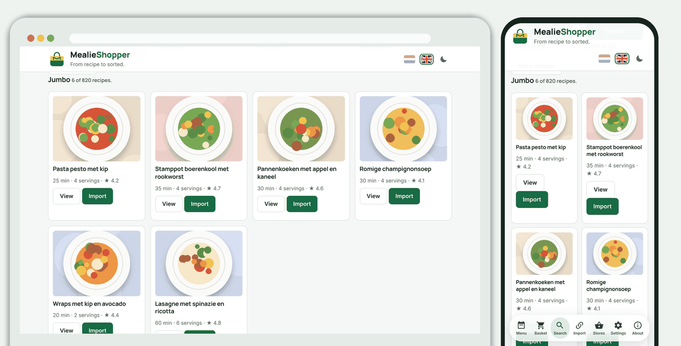 Jumbo search results with cards, time, servings and rating