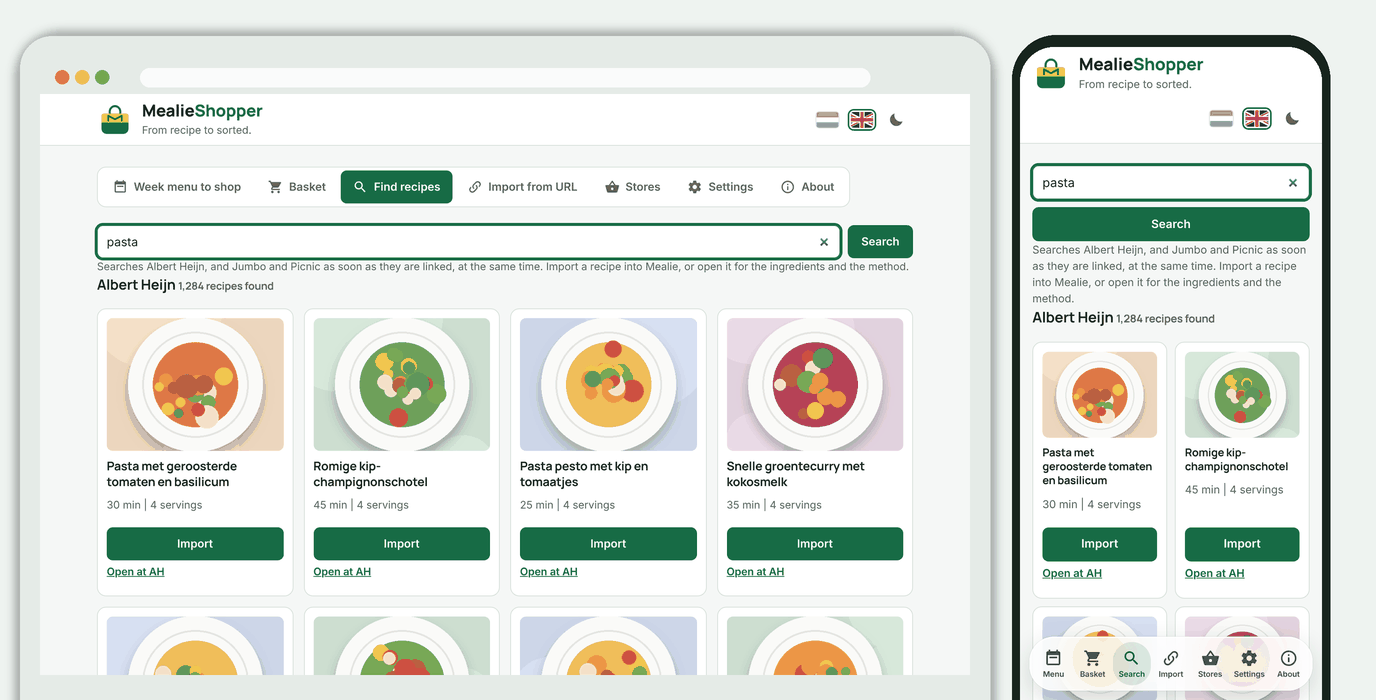 Searching Allerhande recipes, with cards and an import button