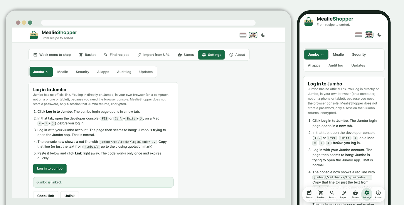 Settings, Link, Jumbo: logging in through the browser console