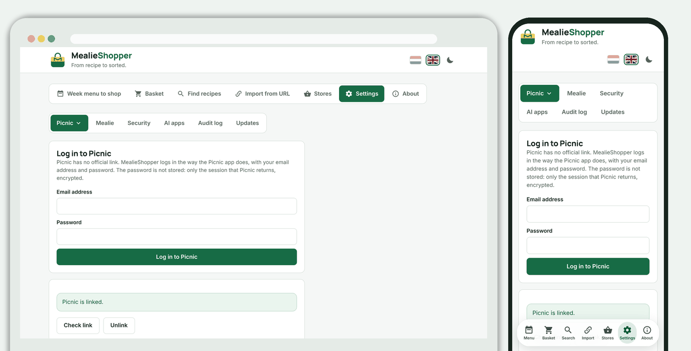 Settings, Link, Picnic: logging in with email address and password