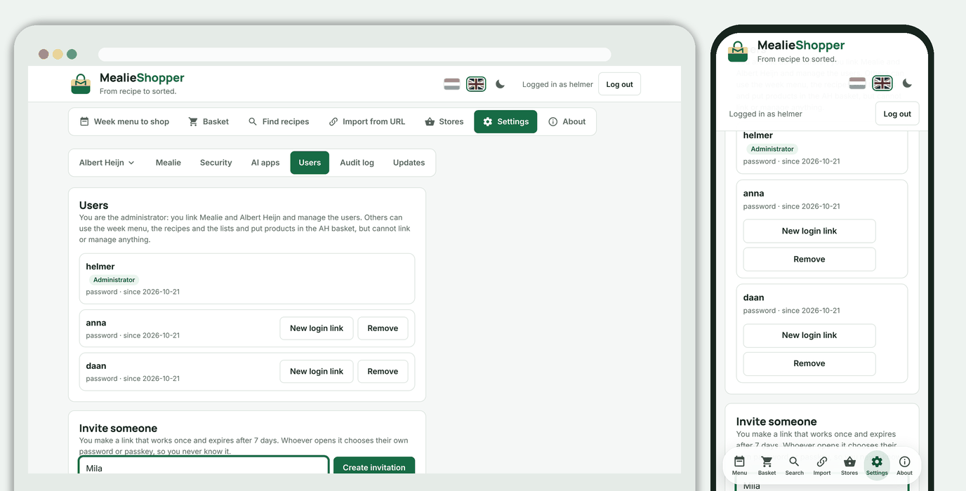 Settings, Users: the administrator with two users, and a form to invite someone