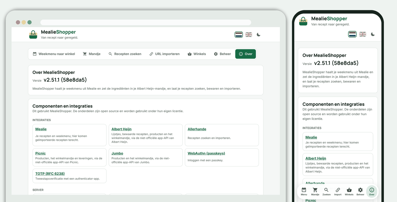 Over: versie, commit en de gebruikte componenten