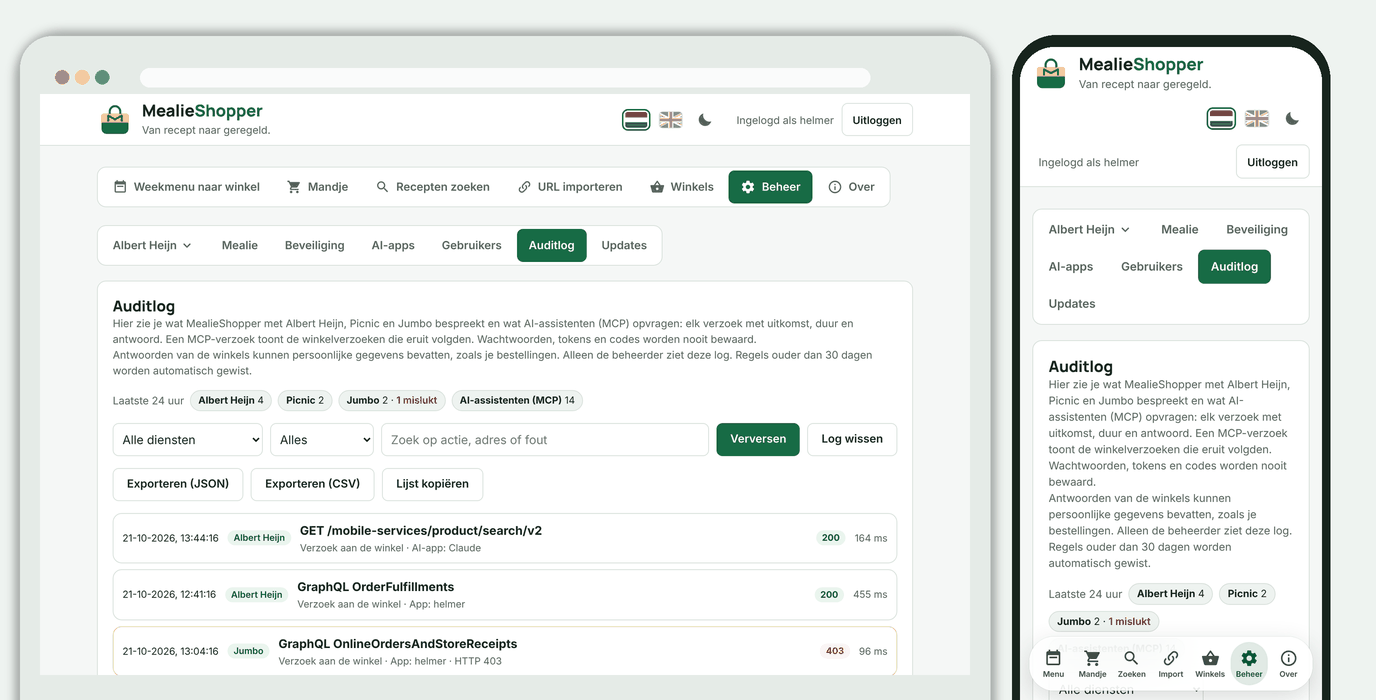 Instellingen, Auditlog: samenvatting per dienst, filters en de laatste verzoeken