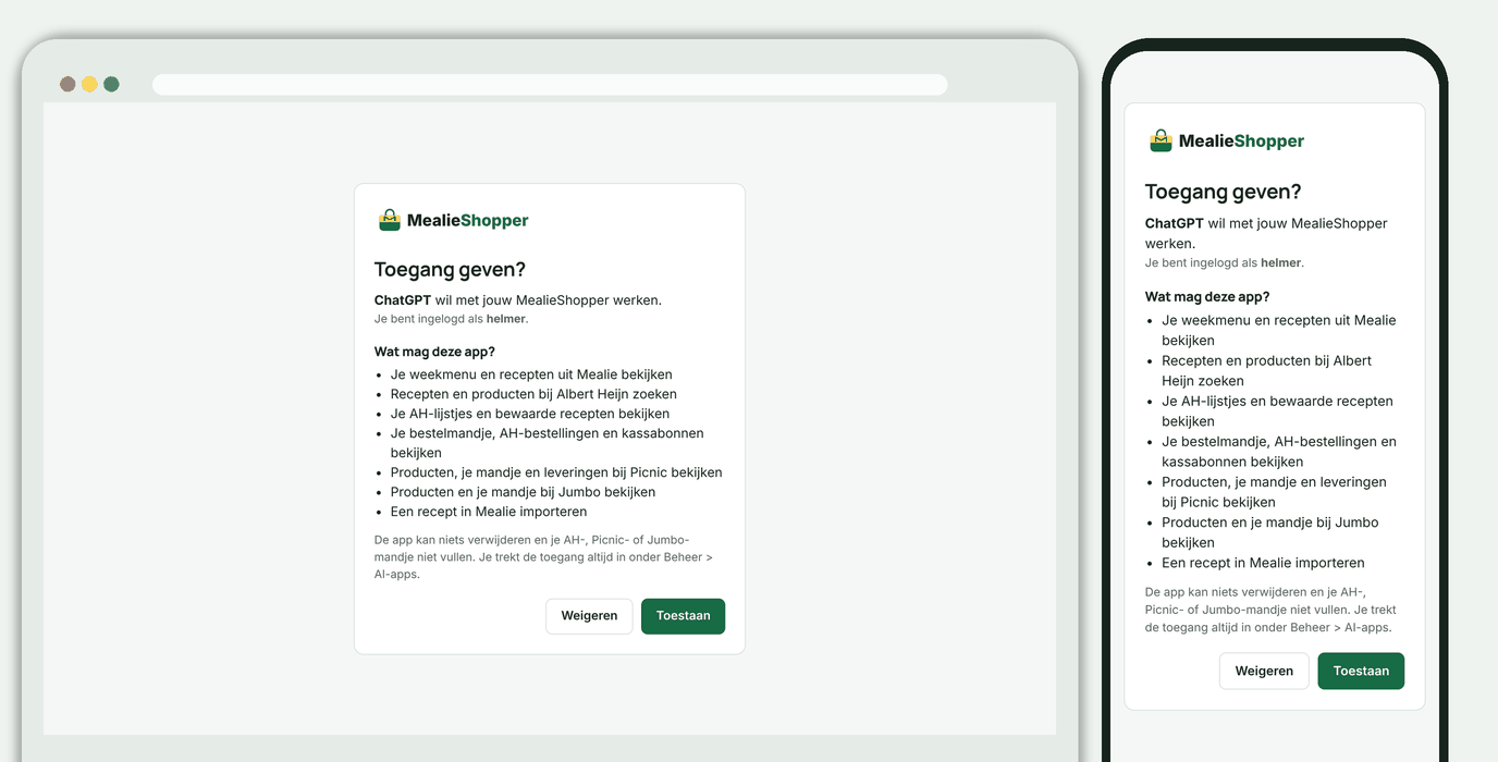 Het toestemmingsscherm: ChatGPT vraagt toegang, met Weigeren en Toestaan