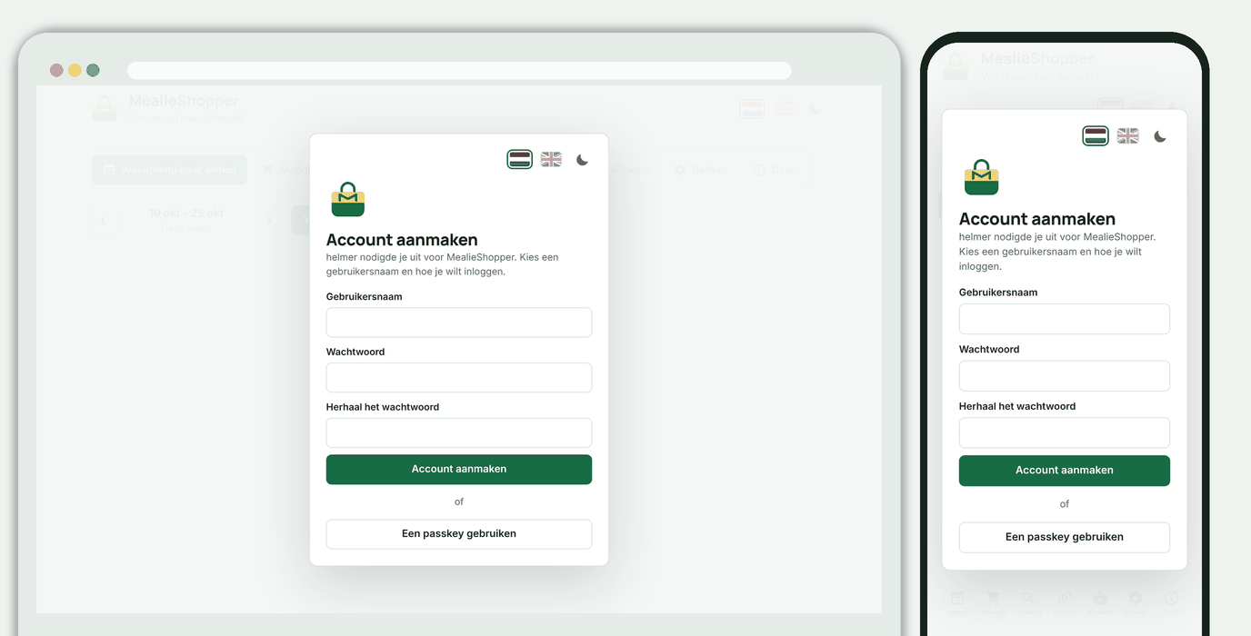 De pagina waar een uitgenodigde een account aanmaakt, met wachtwoord of passkey