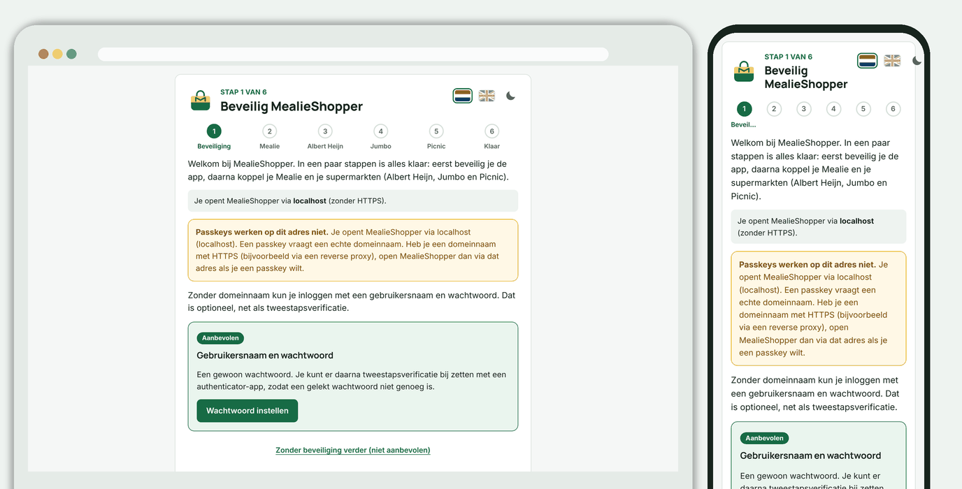 Installatiehulp, stap 1: beveiliging kiezen