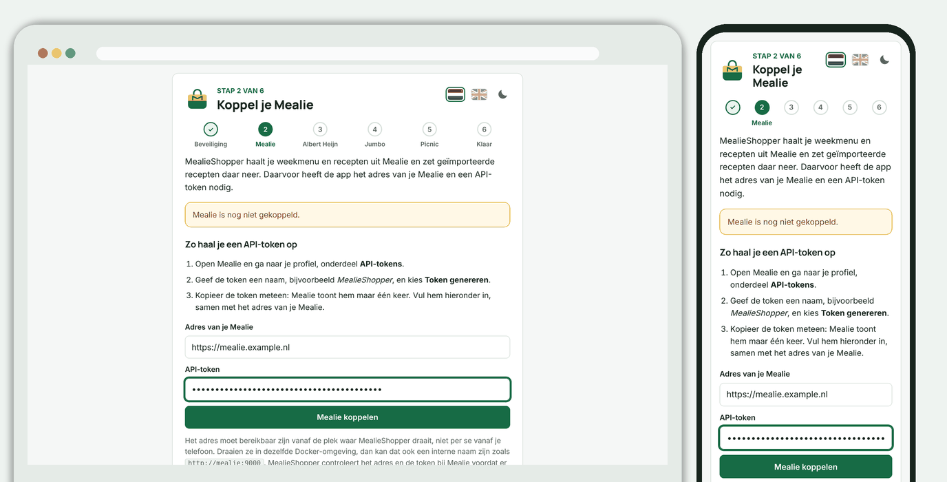 Installatiehulp, stap 2: Mealie koppelen met adres en token