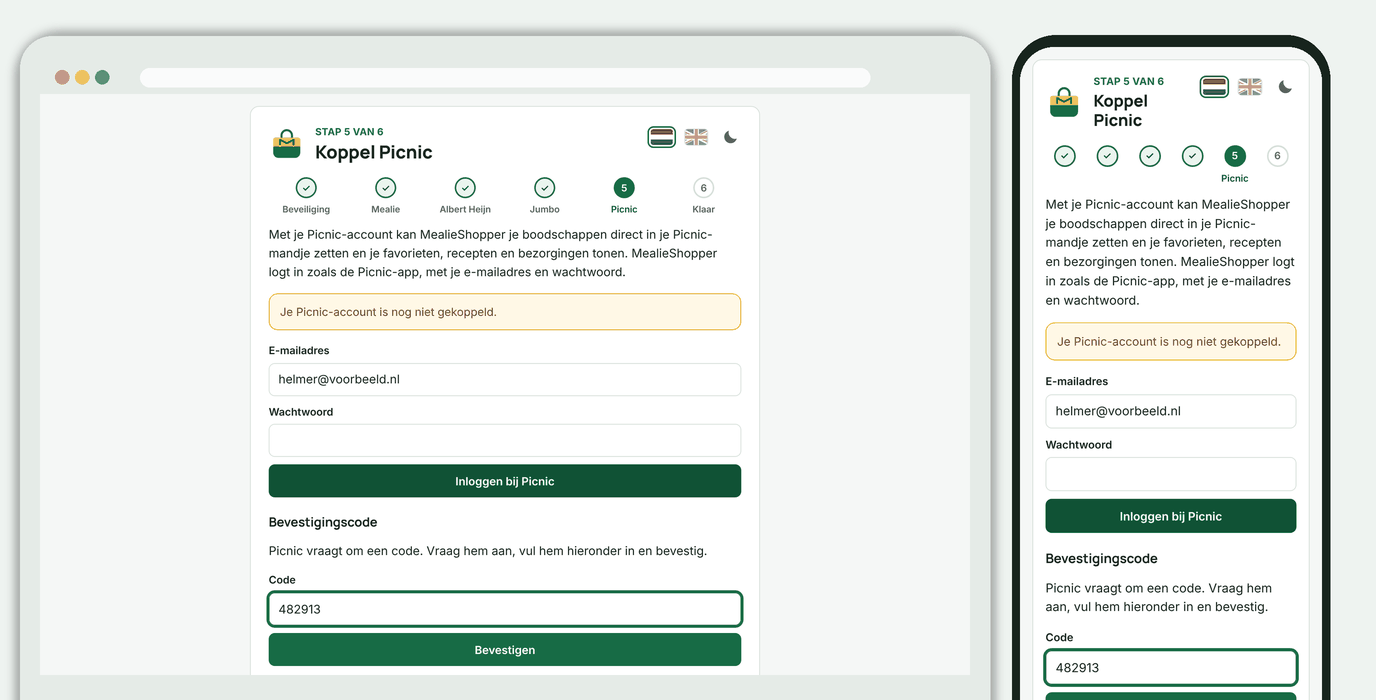 Installatiehulp, stap 5: Picnic koppelen, met het veld voor de bevestigingscode