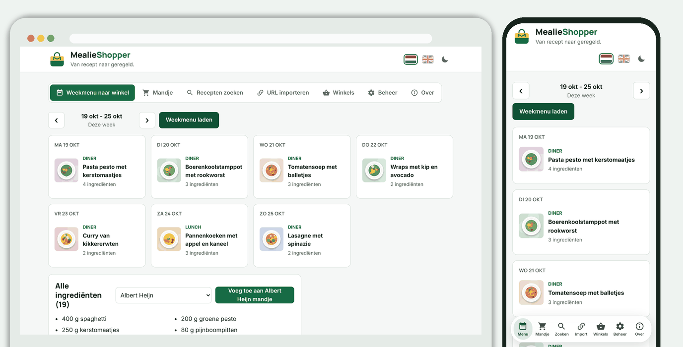 MealieShopper op een computer en een telefoon: het weekmenu met plaatjes uit Mealie