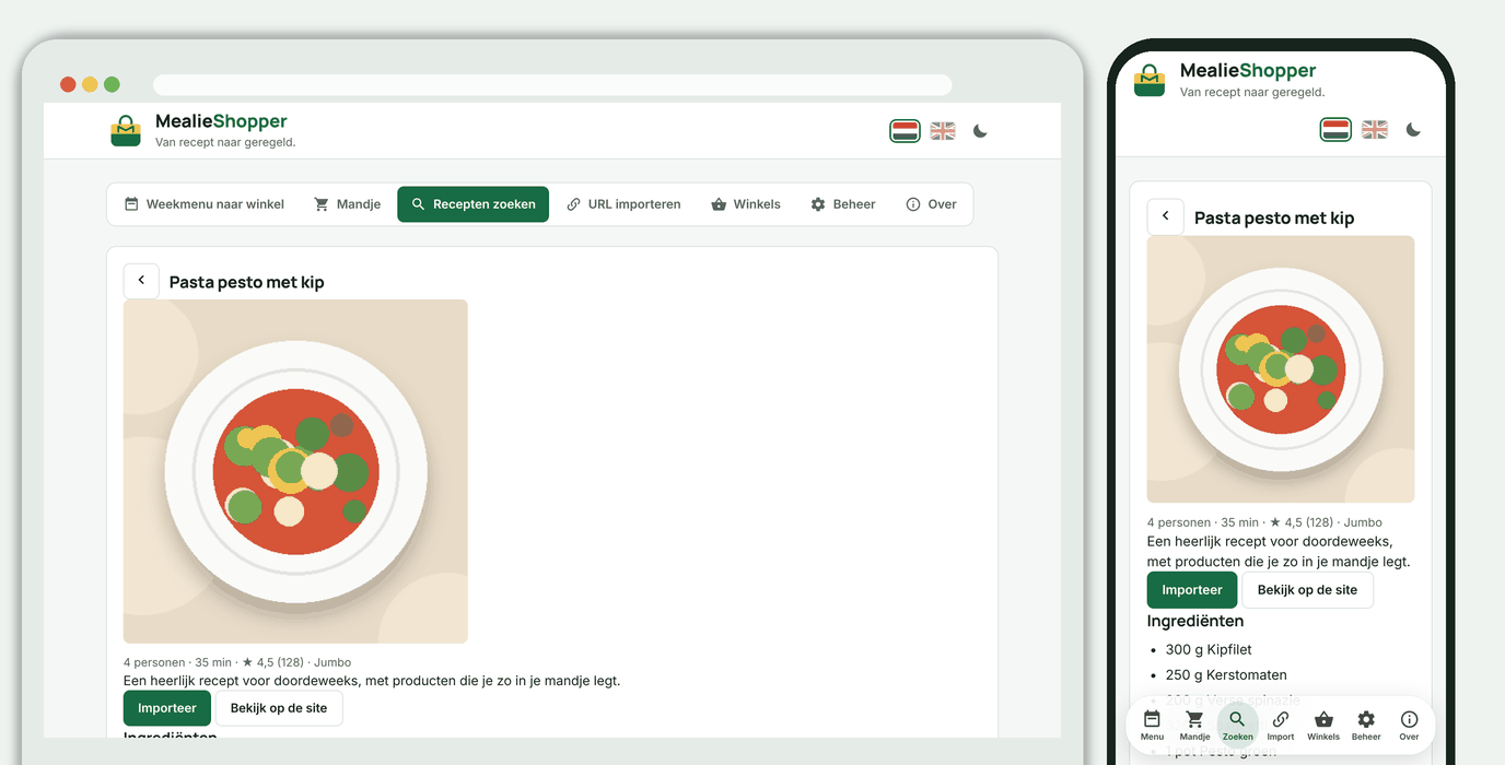 Een Jumbo-recept met ingrediënten, bereiding en de knoppen Importeer en Bekijk op de site