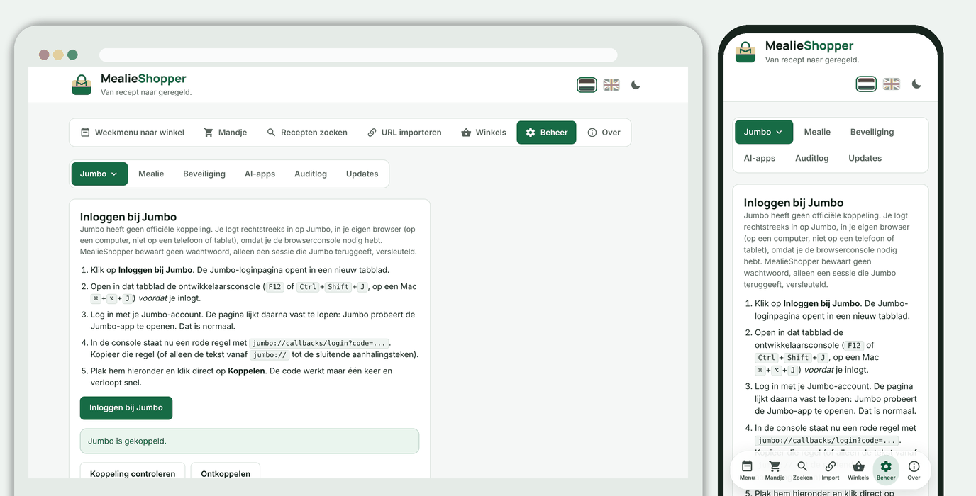 Instellingen, Koppelen, Jumbo: inloggen via de browserconsole