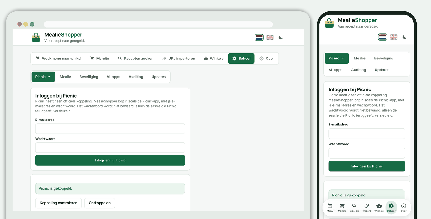 Instellingen, Koppelen, Picnic: inloggen met e-mailadres en wachtwoord