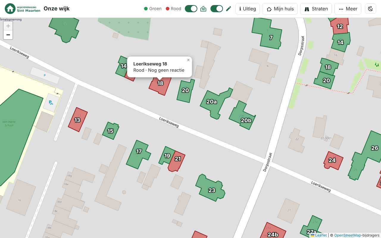 Sint Maarten neighbourhood map in the browser, with houses marked green and red