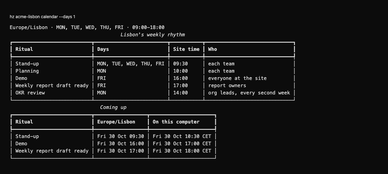 Fictional ACME Lisbon demo: working hours, weekly rhythm, and Friday's upcoming events in site and computer time.