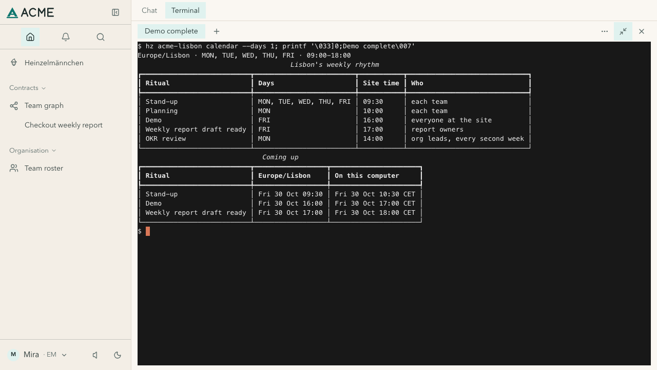Fictional ACME Lisbon demo: Friday stand-up, demo, and 17:00 report deadline in site and computer time.