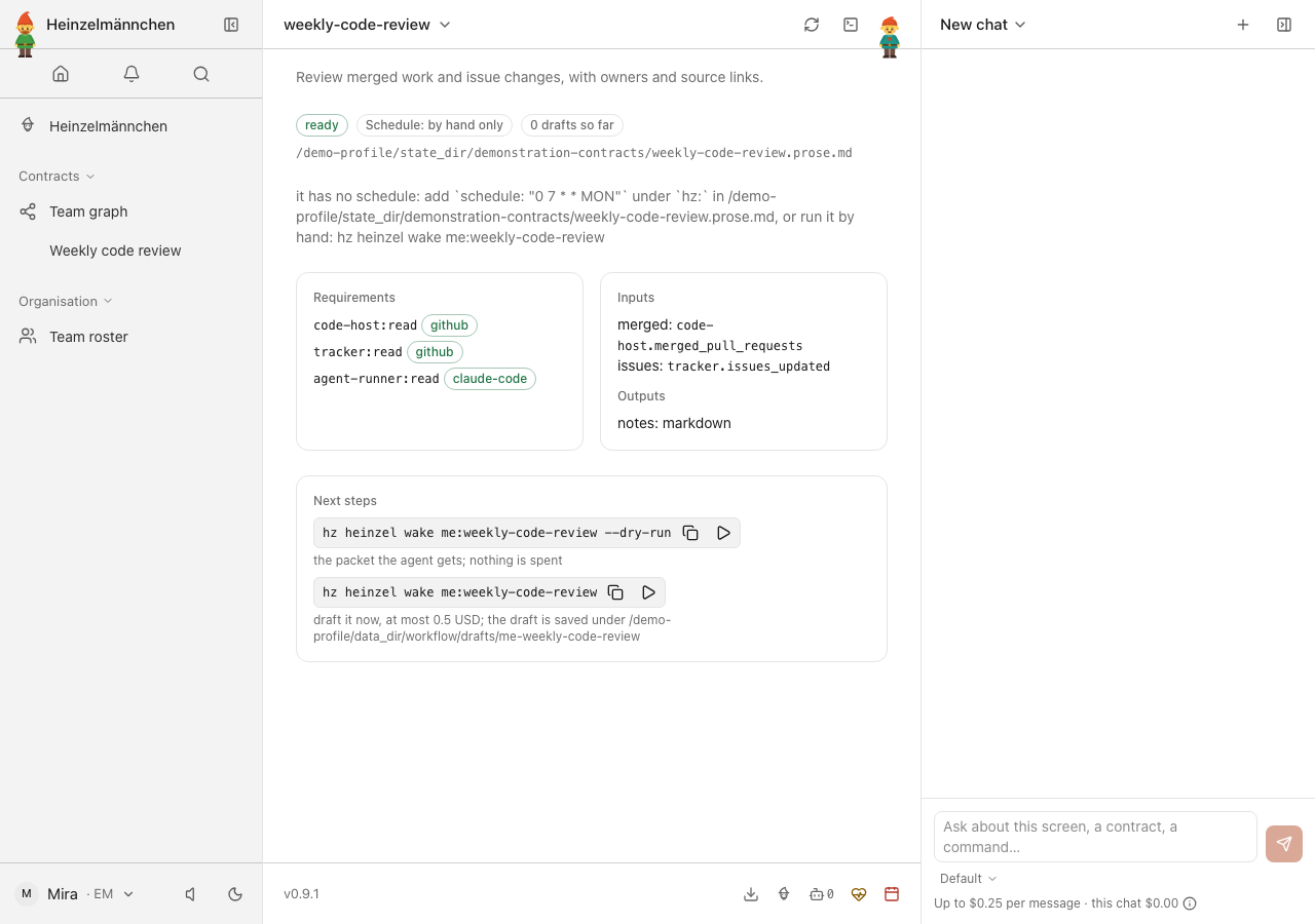 Weekly code review combines the declared source inputs — local demonstration, no report generated