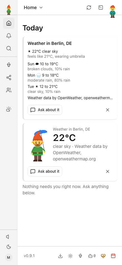 Weather and near forecast in the phone-sized Today view — fictional local forecast