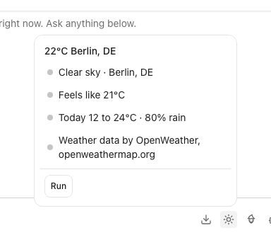 Inspect conditions, feels-like temperature and rain chance — fictional local forecast