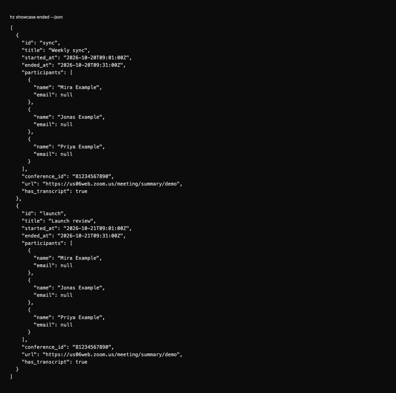 Structured summarized-meeting results for workflows — fixture-only requester, no verbatim transcription