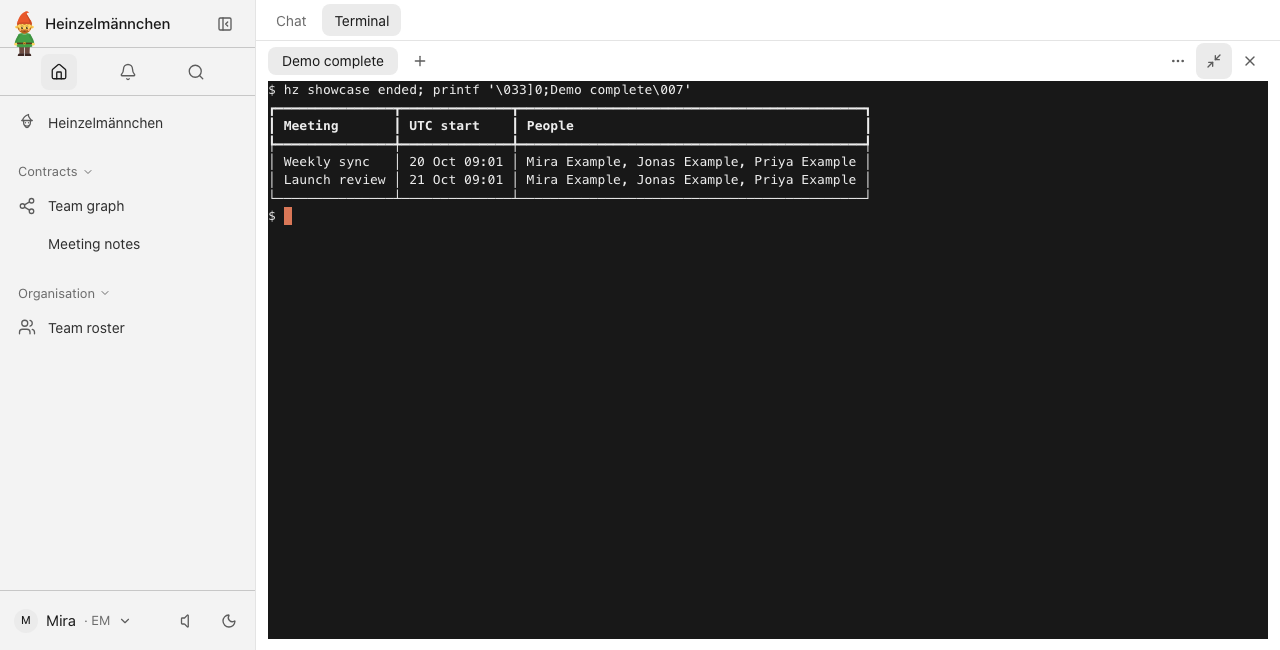 Find the recent summarized meetings — fixture-only requester and fictional mailbox