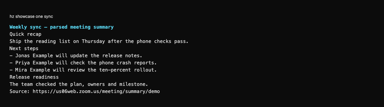 Read a meeting summary in the shell — fixture-only requester, real Zoom parser and fictional mailbox