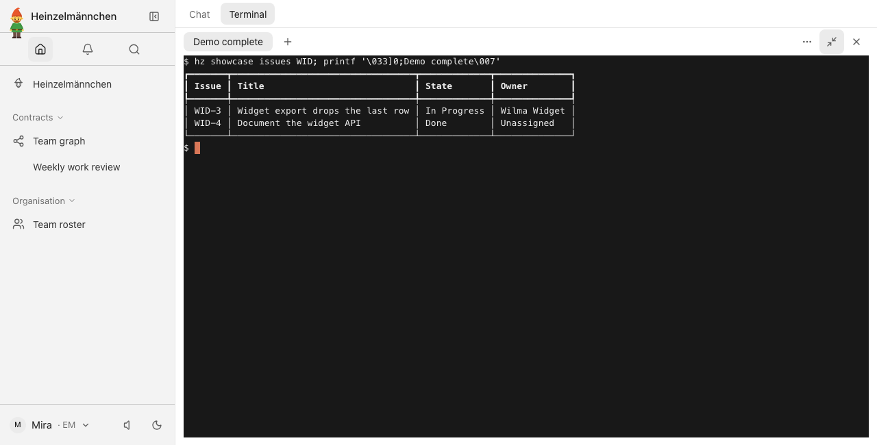 Demo data: fictional Jira changes, owners and states in the app terminal, using the real adapter and a fixture-only requester.