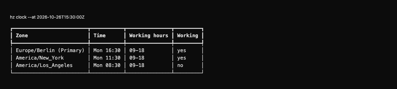 The same team zones and working hours in the CLI — fixed fictional demonstration time