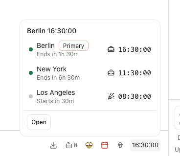Inspect every configured time zone from the primary footer clock — demonstration time