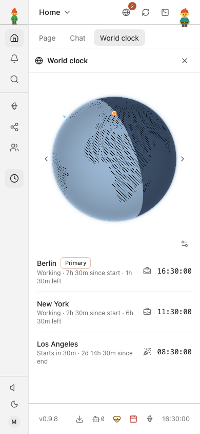 The live globe and all three team clocks on a phone — fixed demonstration time