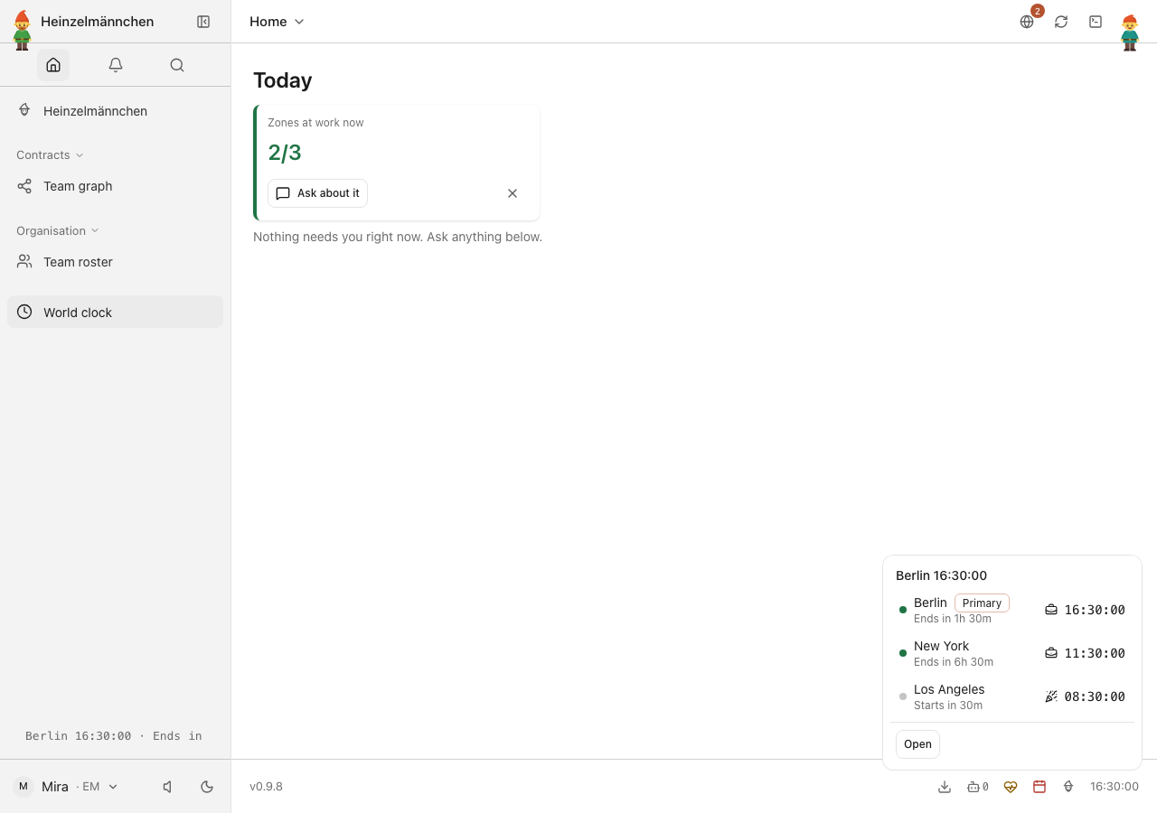Team working hours at a glance: Today, sidebar ticker and primary footer clock — demonstration time