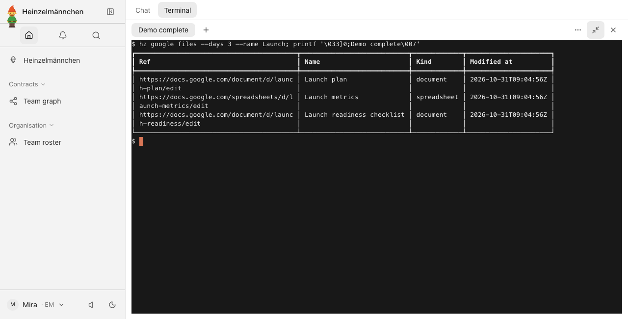 Recently changed launch files in the app terminal — fictional Workspace replies, real Google operation