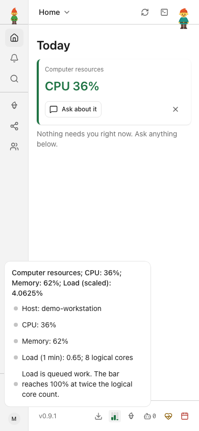 Read CPU, memory and queued load on a phone — fictional demo workstation