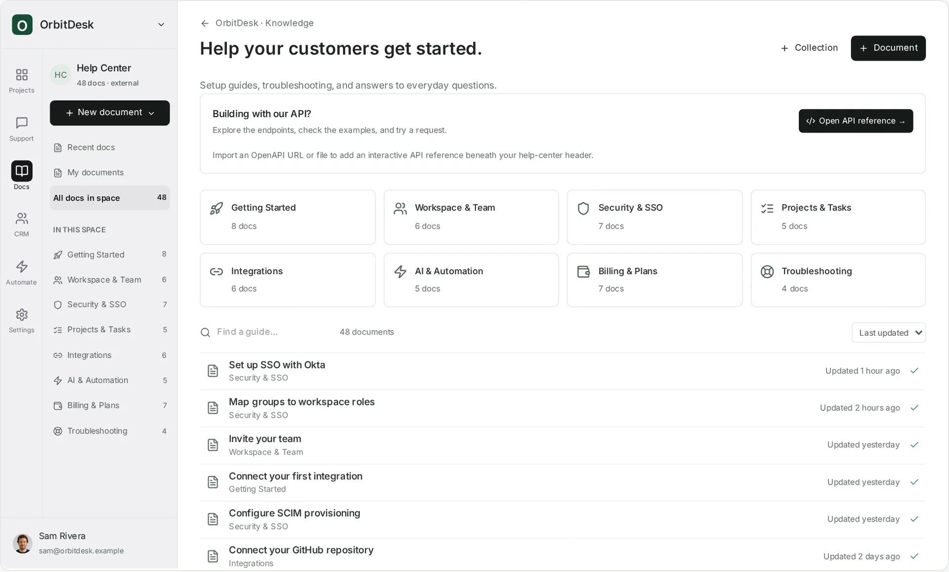 Helpin Knowledge: a help-center space with collections, an API reference entry point, and recently updated guides.