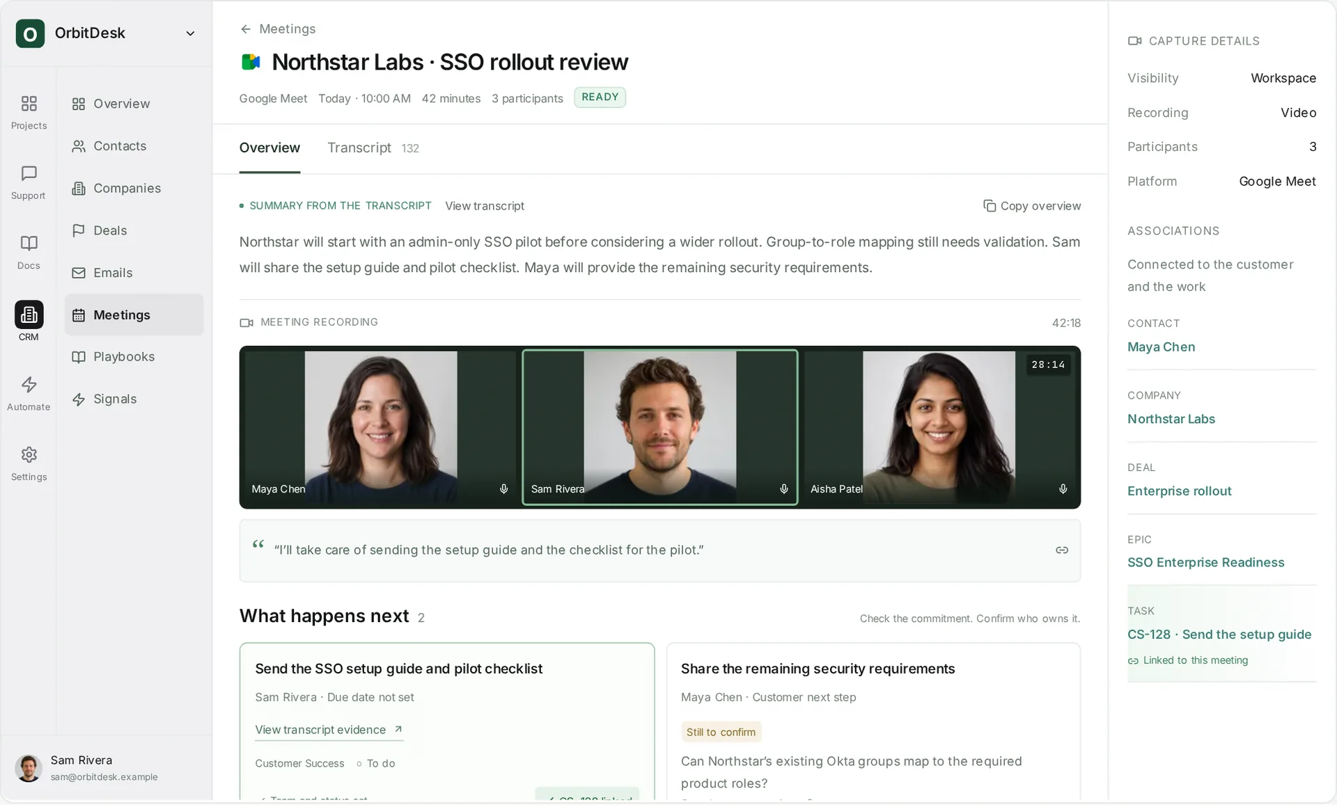 Helpin Meetings: an SSO rollout review with a transcript summary, the recording, a quoted commitment, next steps, and links to the contact, company, deal, epic, and task.