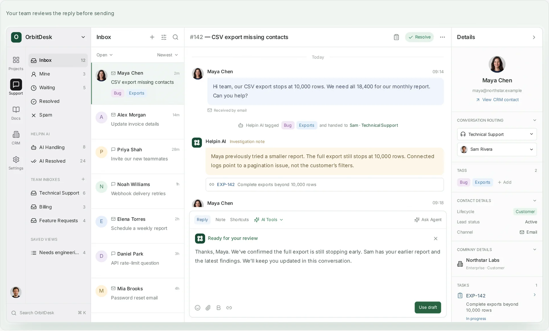Helpin support inbox: Maya’s CSV export conversation with an investigation note, the linked EXP-142 task, a drafted reply waiting for review, and her customer details.