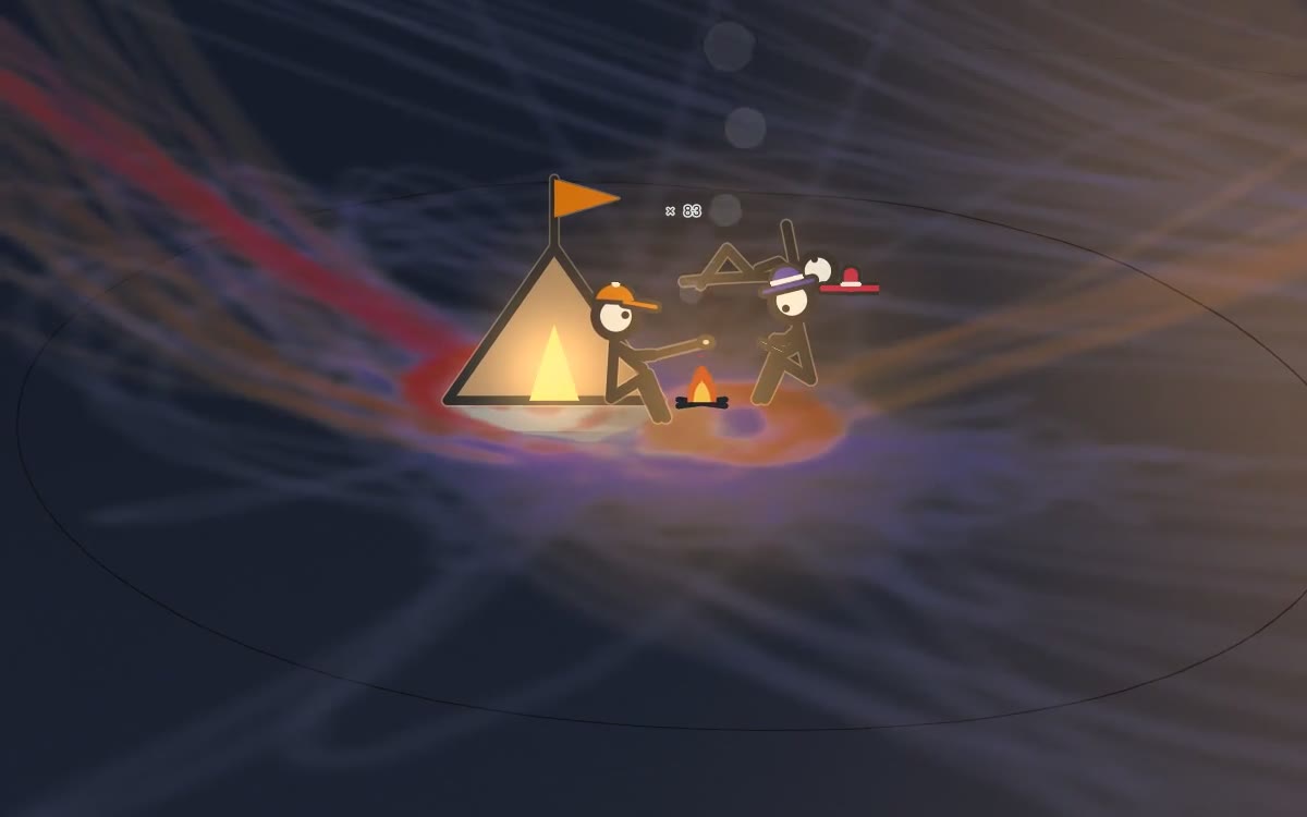 Dusk at a rest point: stick men round a campfire by a paper tent on a raised-relief map, one toasting a marshmallow, one lying back pointing at the stars