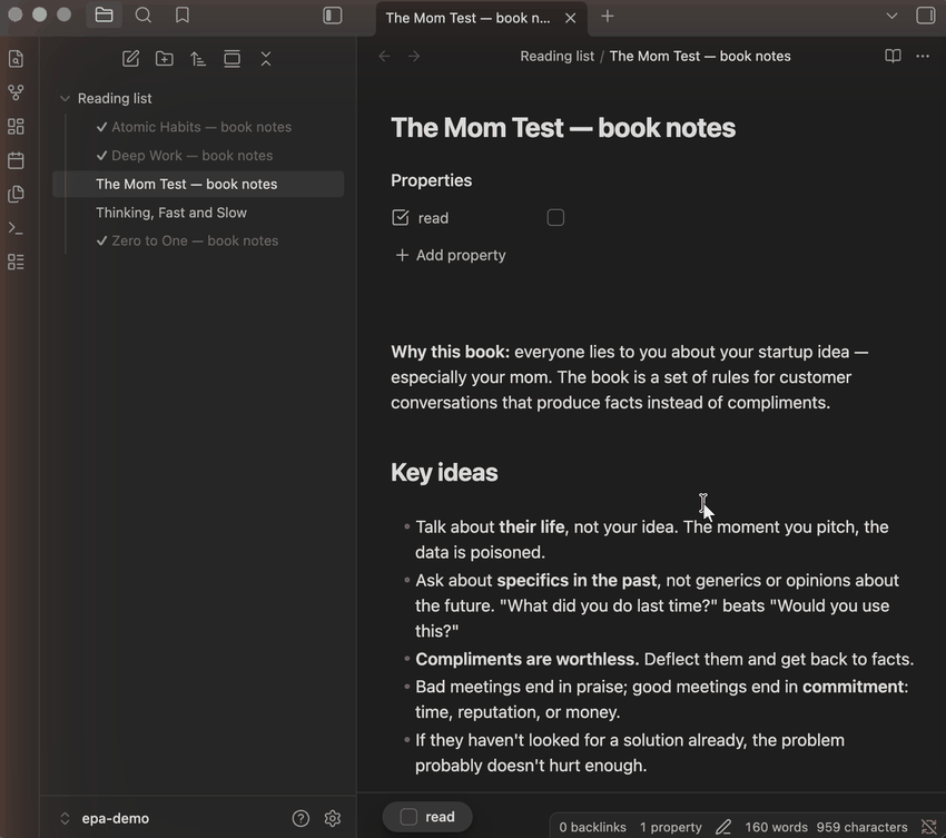 Demo: clicking the "read" button at the bottom of a note instantly grays it out in the file explorer
