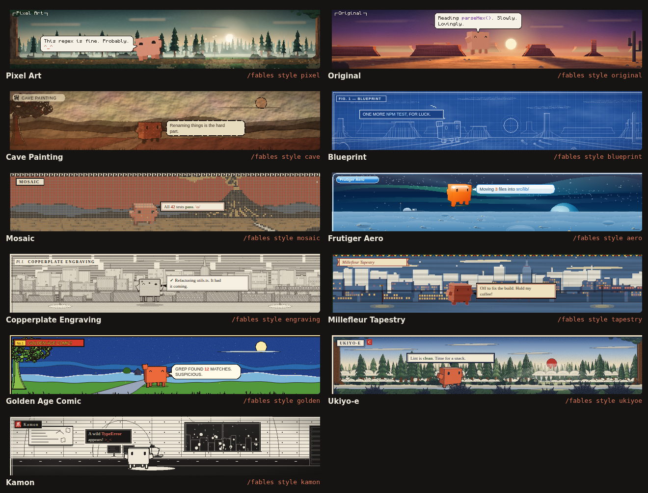 One still of each of the eleven styles, each labelled with its /fables style command