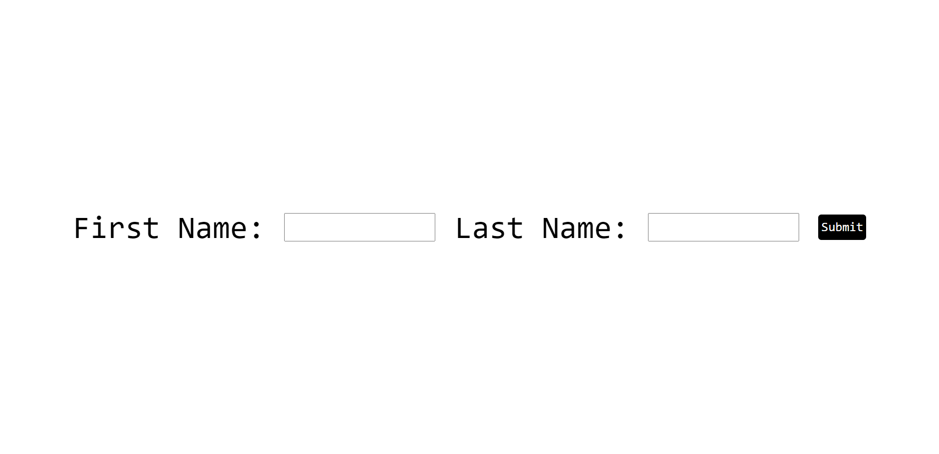A screenshot of the web-app, contains a form with two inputs asking for first and last name, and submit button. Below the form there is a paragraph saying "Hello Henry Bao!"