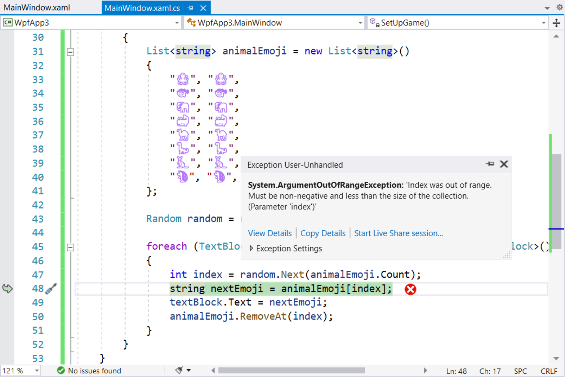 Screenshot of Visual Studio 2019 showing 'index out of range' exception