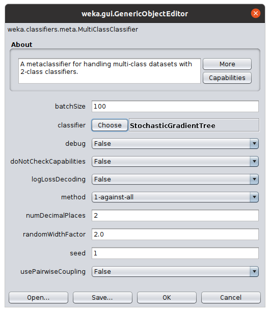 Weka Explorer classifier options