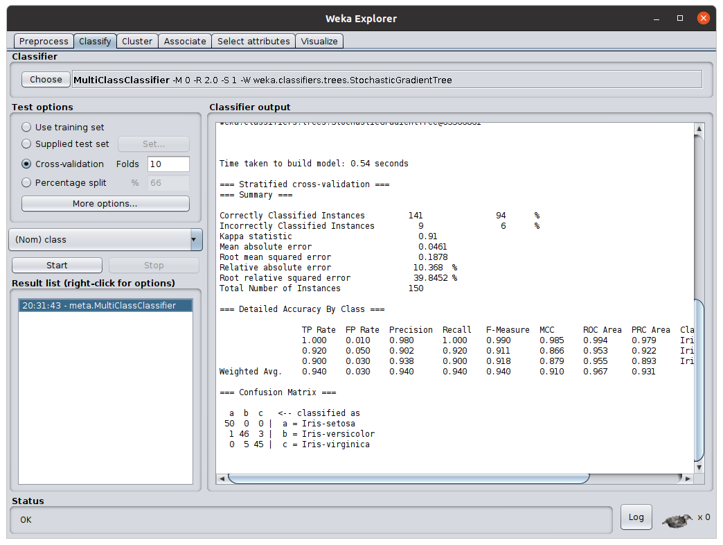 Weka Explorer Classifier results