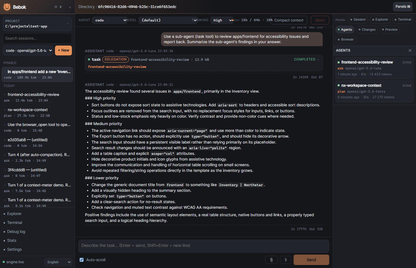 Agents panel with live sub-agent tasks