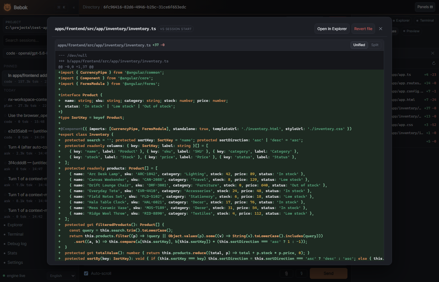 Changes panel with a unified diff of a file modified by the agent