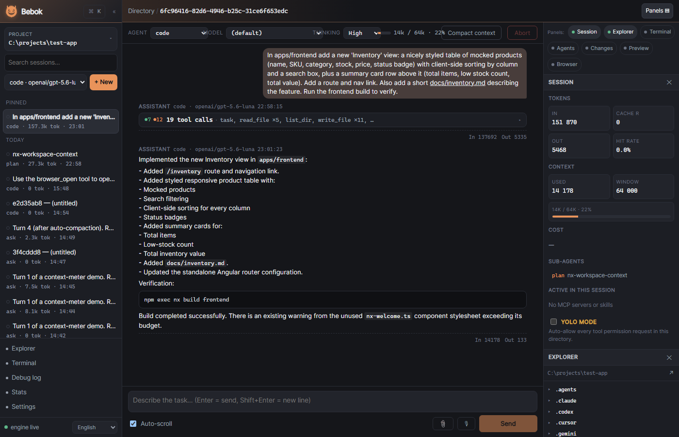 Chat with collapsed tool groups, context meter and the right drawer