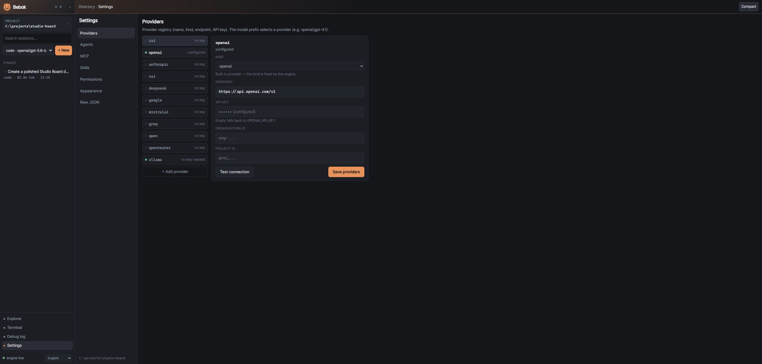 Provider settings with a masked API key