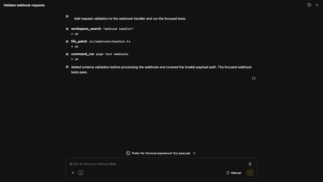 BEE Code agent session inside VS Code